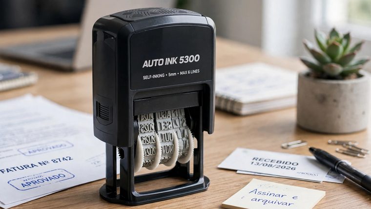Carimbo automático datador sobre a mesa, ao lado de documentos carimbados com Aprovado e Recebido